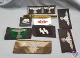 (9) German WWII Military Cloth Insignia Grouping. Includes Hitler Youth HJ Diamond; Waffen SS M-43