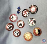 (10) German WWII Political & Military Enameled Swastika Party Badges. This grouping includes: Hitler