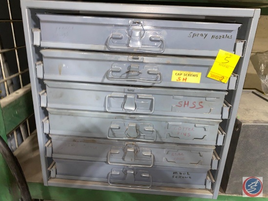 Sliding draawer organizer containing MIG welder tips, guides, gas diffusers, Socket Head Cap Screws