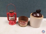 Half gallon brown jug sun brand 6 inch red lantern butternut coffee can