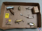 Assorted vintage fishing Lewers and a jar of Bambo light rod varnish