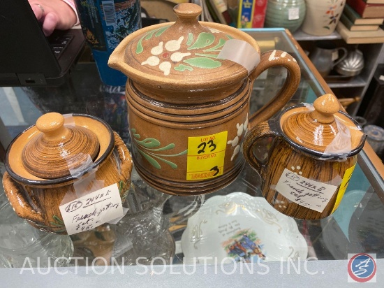 French Pottery Set Including Sugar Dish with Lid, Cream Pitcher with Lid and Teapot