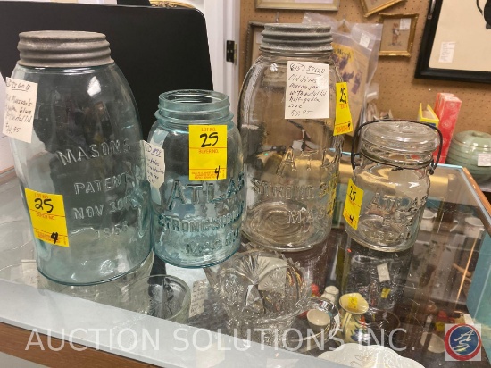 (3) Atlas Jars One with Wire Bail Lid and (1) 1858 Mason Jar