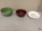 Green Stoneware Fruit Bowl, Brown Stoneware Mixing Bowl and 1981 Watkins Cheese Cake Plate with