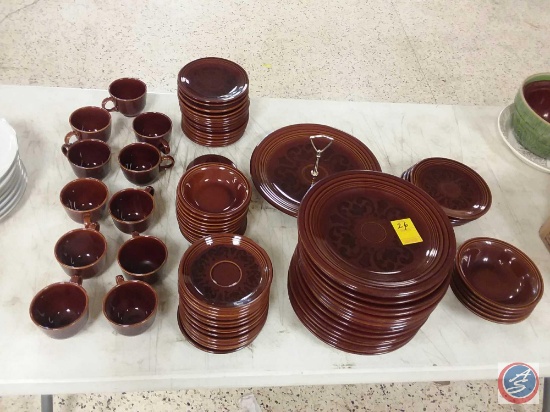 Brown Stoneware Plates with Brown Glaze and A Damask Design Including (11) Cups, (13) Saucers, (16)