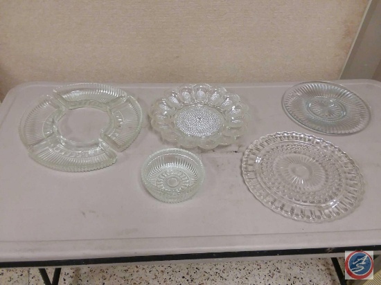 Pressed Glass Deviled Egg Tray, Pressed Glass 4-Part Server with Bowl, (2) Clear Pressed Glass