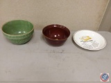 Green Stoneware Fruit Bowl, Brown Stoneware Mixing Bowl and 1981 Watkins Cheese Cake Plate with