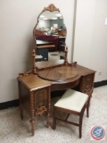 Vintage Antique Vanity w/Mirror and Bench (decorative pieces by mirror are not glued)