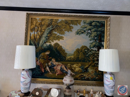 Large Needlepoint Wall Hanging 65'' x 56'', Two Hand-Painted Lamps, One Vintage Lamp with Flume