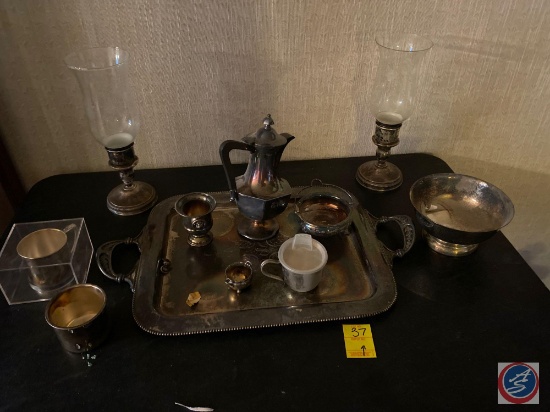 Silver Serving Tray with Tea Pitcher and Cups some Marked AB Company, Canada, Two Silver Candle