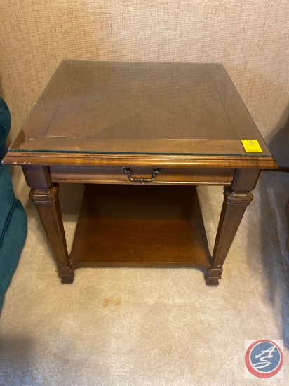 Side Table w/ Glass Overlay and Drawer 24'' x 24'' x 22''