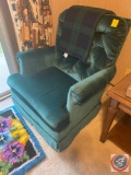 Upholstered Swiveling Rocking Chair, Latch Hook Rug, Green Plaid Throw Blanket