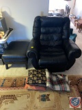 Oversized Leather Arm Chair, Leather Foot Stool, Three Throw Pillows, One Throw Blanket