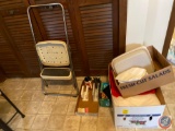 Costco Home Products Stepstool, Tablecloth and Other Linens, (2) Letter Holders, Some Assorted Pens,