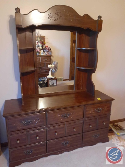 {{2X$Bid}} Vintage Dresser with Mirror Measuring 60'' X 17 1/2'' X 75'' and Five Drawer Dresser