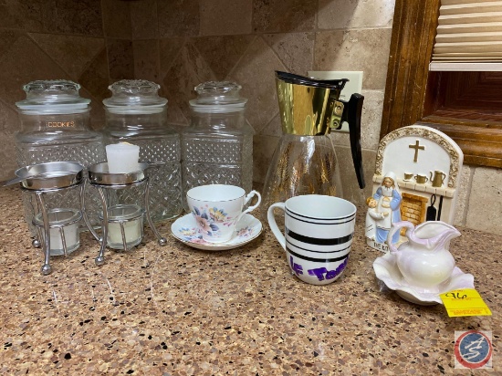 (3) Cookie Canisters with Lids, Gold Leaf Coffee Pot, (2) Butter Dish Warmers and Cup and Saucer by