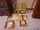 Ceramic God Bless Our Home Wall Hanging, (2) Crucifixes and Assorted Picture Frames