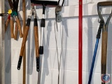 Assorted Long Handled Tools Including A Squeegy, Lawn Sheers, Come-A-Long, Garden Shovel and More