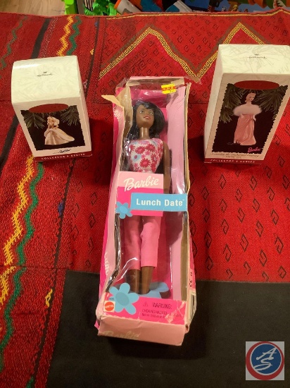 Lunch date Barbie with beat up box and two holiday ornaments in box