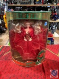 1993 happy holidays Barbie Blonde red dress green and gold box some box ware