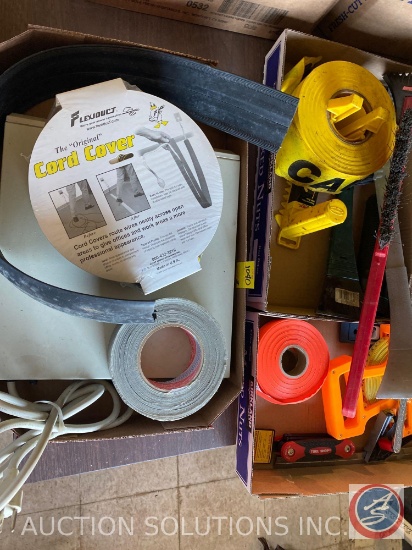 Roll of Caution Tape, Flexi Duct Cord Cover New in Package, Tool Shop Fiberglass Measuring Tape, Ice