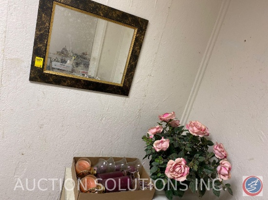 Wall Mirror, Faux Flowers, Candles and Wall Sconces
