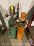 Acetylene and Oxygen Tank on Cart with Striker, Torch and Goggles