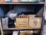 Assorted Oil Cans, Funnels, Gas Can, Yamaha SAE 20W-40 Motor Oil, Thread Cutting Oil and Oreilly SAE