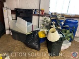 Tote w/ Lid. (2) Plastic Barrels w/ Lids, Fluorescent Light Bulbs, Faux Plants, Free Standing White