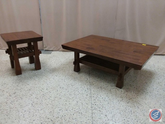 One wooden coffee table and one wooden end table measurements on coffee table is 49x35x17