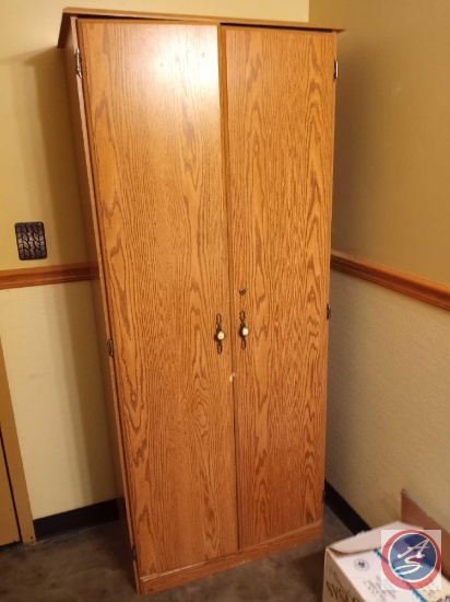 Wood Cabinet Measuring 31 1/4'' X 16 1/2'' X 72'', (2) Trash Recepticles and (2) Lighting Fixtures