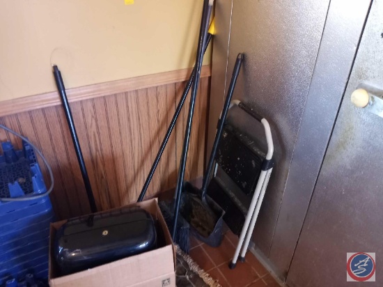 Assorted Brooms, Dust Pans and Tork Paper Towel Dispenser