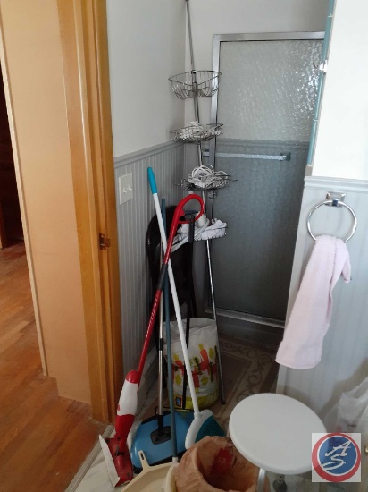 Adjustable Shower Organizer, Shoe Rack, Assorted Brooms, Mops and More