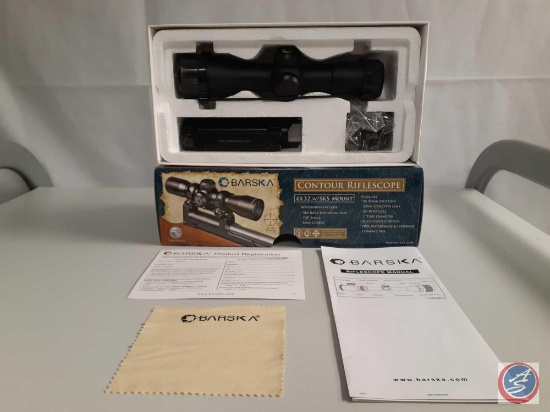 Barksa Contour 4x32mm Rifle Scope, SKS Mount, Rings, Lens Covers, Box SN# AC10882