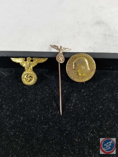 Hitler WWII Tinnie Style Lapel Badge, German Eagle Swastika Hat Pin and Nazi Party Eagle Stick Pin,