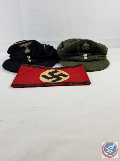 German Uniform Swastika Armband, Officers Black Panzer M43 Cap and SS M43 Cap with Single Skull and