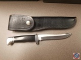 Black Handled Buck Knife with Black Leather Sheath Stamped BUCK