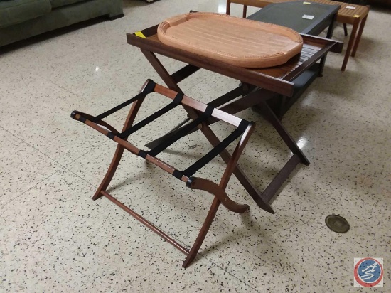 (1) Folding Wooden Luggage Rack, (1) Wood Butler Serving Tray w/Folding Tray Holder - 35" x 20" x