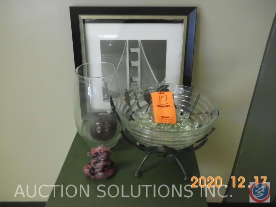 Framed Photograph of Golden Gate Bridge, Vase Containing Glass Ball, Bowl on Stand with Clear Glass