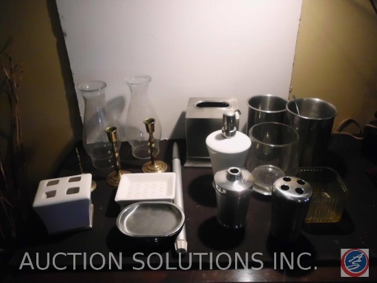 (2) Brass Candlesticks, (2) Oil Lamp Chimney Globes, Stainless Steel Canister, Soap Dishes and More