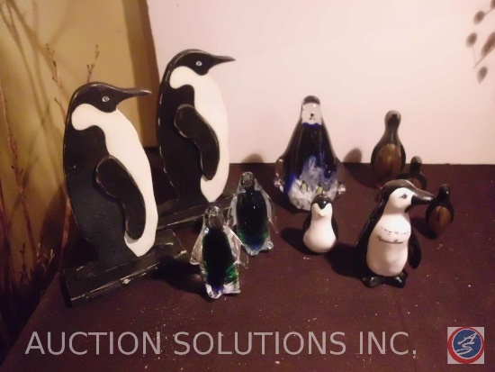 (3) Blown Glass Penguin Figurines, (2) Wood Carved Penguin Figurines, (2) Porcelain Penguin