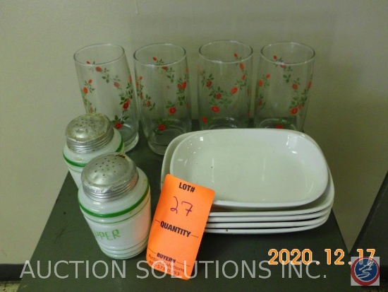 (2) Vintage Milk Glass Salt and Pepper Shakers, (4) Floral Water Tumblers, (4) White Plates and (1)