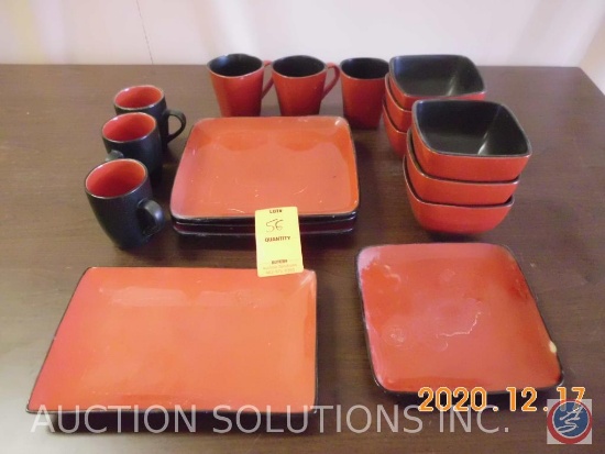 Set of Black and Red Dishes Including (6) Coffee Cups, (3) Dinner Plates, (6) Cereal Bowls and 2