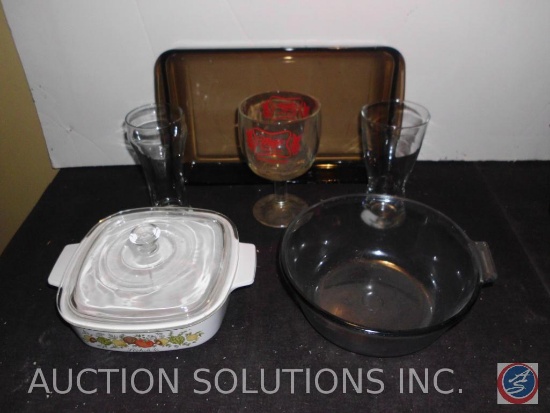 Corningware Casserole Dish with Lid, Pyrex Bowl and Baking Dish, Miller Stemmed Glass and (2) Clear