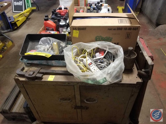 Roller Cart And Contents Including Rags, Pipe Wrench, Painting Supplies