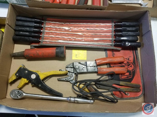 Battery Teminal Cleaners, Wire Strippers, Snap On Screwdrivers, Snap On 3/8 Drive Ratchet