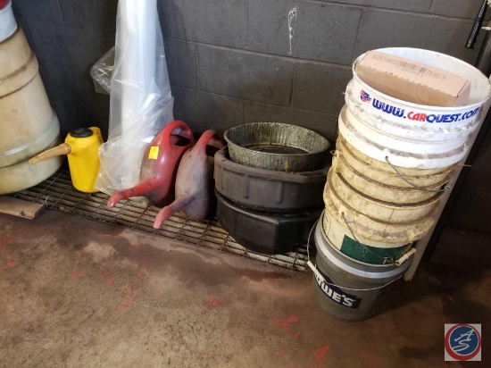2 Radiator Buckets, 3 Oil Pans, Roll Of Plastic, Buckets