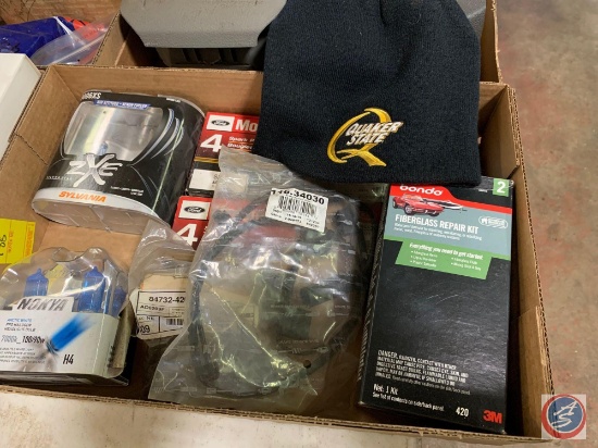 Quaker State Hat, Assorted Headlight Bulbs, And Auto Parts