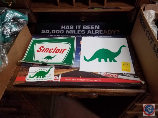 Sinclair Square Dinosaur Sign And Assortment Of Sinclair Stickers And Desk Blotter