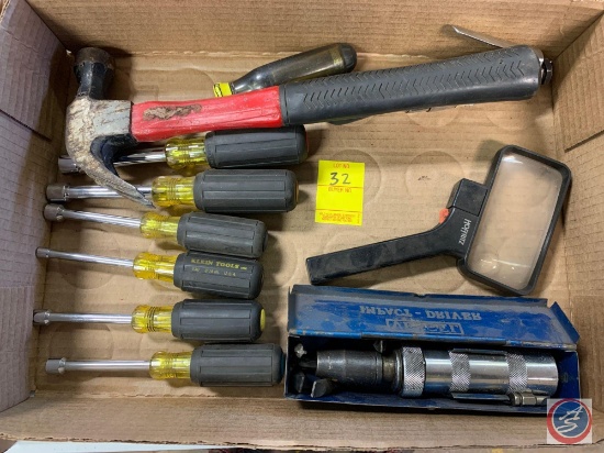 Set Of Klein Nut Drivers, Impact Driver, Magnifing Glass, Bluepoint 1/4 Drive Air Ratchet, Hammer